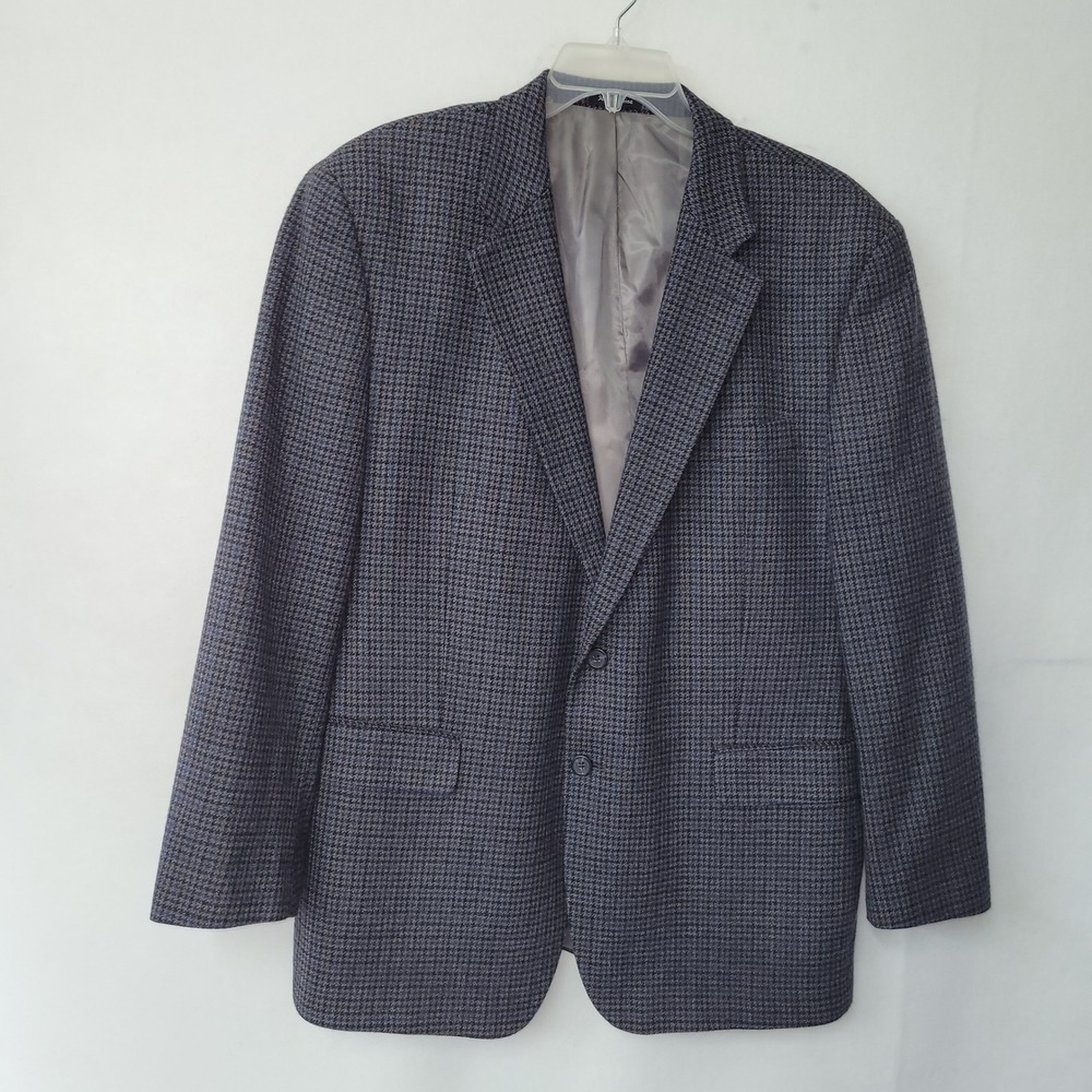 Chaps Men's 46R Wool Tweed Houndstooth Blazer Sport Coat Gray Blue‎ Two Button